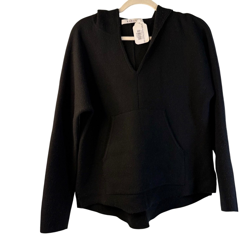 Kokun Hooded Sweater V-Neck Black Knit Hoodie Luxury Cashmere Blend Soft Size ZS